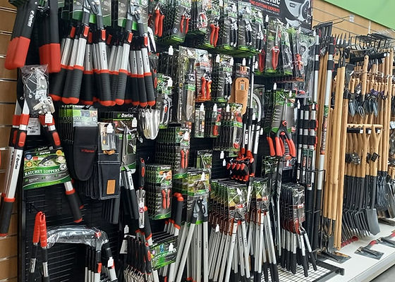 Garden tools displayed in a store